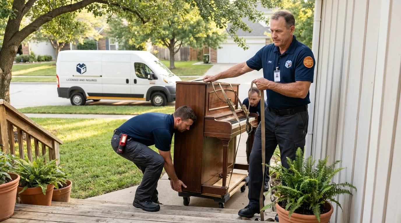 Licensed piano movers securing grand piano in Kernville, CA