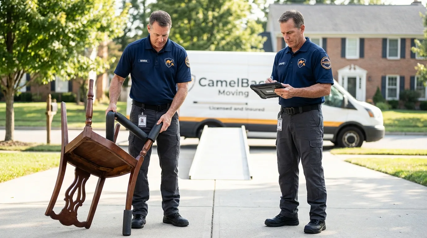 Movers inspecting furniture for damage prevention before loading in Kernville, CA